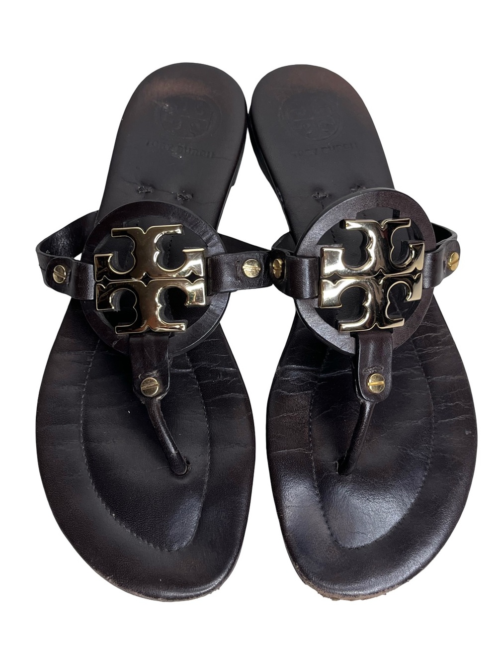 Tory Burch Large Gold Logo Brown Leather Slide-On Sandals Sz 8 1/2 M